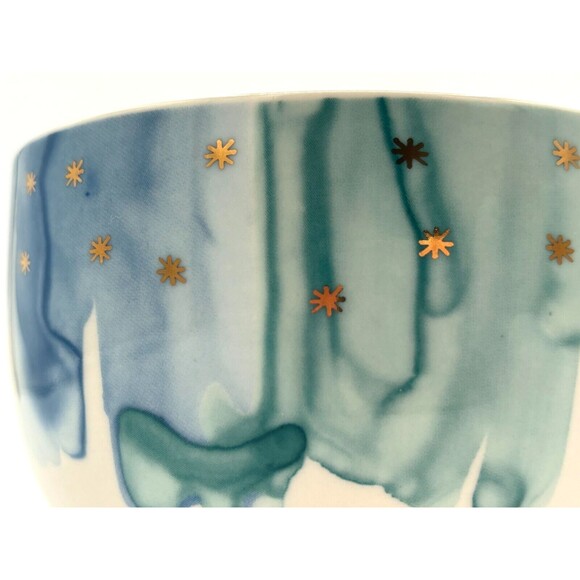 Anthropologie Night Sky Bowl Stoneware Blue Teal Drip Watercolor Wash Gold Star - Picture 11 of 15